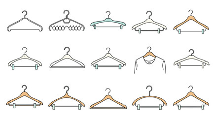 Large collection of fifteen different clothes hangers, including plastic, wooden, and metal designs in a clean, minimalist line art style.
