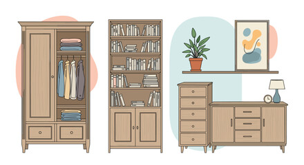 Set of cozy wooden home furniture including a wardrobe, bookcase, and a dresser with a shelf, plant, and lamp, in a hand-drawn style.