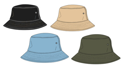 Four simple bucket hats in different colors?black, beige, blue, and green?shown as clean vector illustrations for fashion design.
