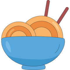 Stylized Illustration of a Blue Bowl Filled With Golden Noodles and Two Brown Chopsticks on a Transparent Background