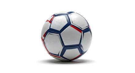 A realistic 3D rendering of a classic soccer ball with white, blue, and red hexagonal panels on a white background