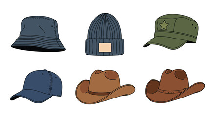 Collection of six different hats, including a bucket hat, beanie, military cap, baseball cap, and two styles of cowboy hats, in a simple style.