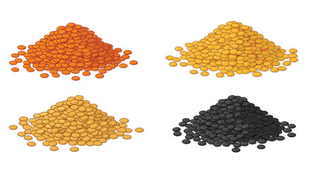 Four piles of different colored lentils, including red, yellow, green, and black varieties, shown as isometric cartoon illustrations.