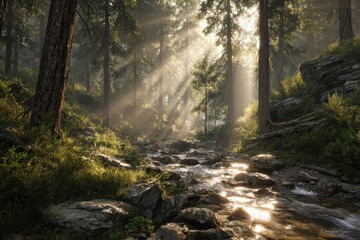 Sun-Drenched Forest Path - Ethereal Light Beams Illuminate Rocky Stream, Mossy Trees.