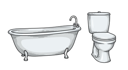 Vintage-style bathroom fixture set with a classic clawfoot bathtub and a toilet, rendered in a detailed, hand-drawn engraving style.