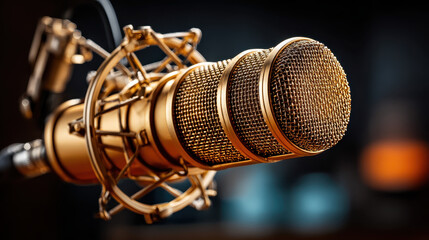 Golden professional studio microphone suspended with shock mount close up with blurred background in recording environment gold sound equipment