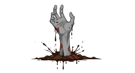 Creepy illustration of a bloody, decaying zombie hand emerging from a splash of dark brown mud, perfect for Halloween horror designs.