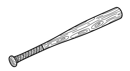 Classic wooden baseball bat illustrated in a clean black and white line art style, showing the wood grain and grip tape detail.