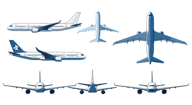 Set of passenger airplane illustrations from multiple views including side, top, and front, depicted in a cool blue pixel art style.