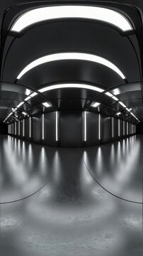Futuristic dark metal corridor with illuminated stripes and glowing ceiling lights featuring a seamless panoramic view.