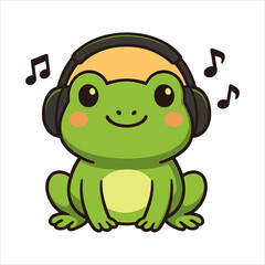 Frog with Headphones Listening to Music Flat Vector Logo Illustration