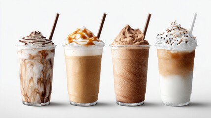 Delicious assortment of blended iced coffee drinks with whipped cream and straws