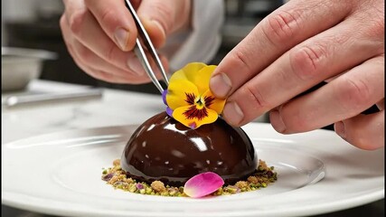 Chef's final touch adding colorful flower to chocolate dessert presentation for elevated dining experience and culinary masterpiece