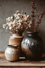 Earthy Ceramic Trio - A Rustic Still Life with Dried Flowers and Moody Lighting.
