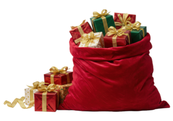 a massive crimson crushed velvet santa sack, bursting with luxurious metallic red and gold wrapped gifts, hyper-photorealistic product shot against a high-key white background. concept for luxury