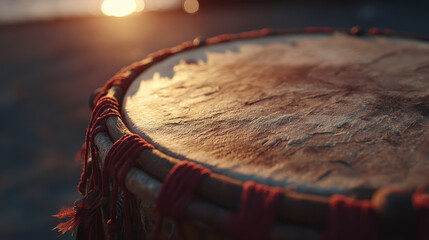 Close-up view of a traditional handcrafted drum with natural leather skin and red ropes at sunset outdoor setting with warm lighting and artistic, cultural musical instrument
