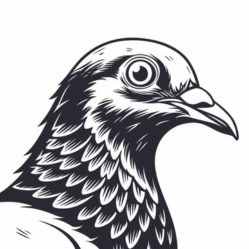 White back ground a black and white illustration of a blue colour pegion face.