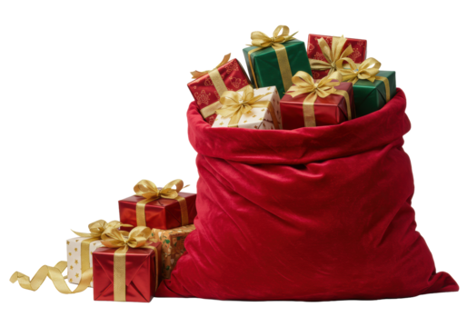 a massive crimson crushed velvet santa sack, bursting with luxurious metallic red and gold wrapped gifts, hyper-photorealistic product shot against a high-key white background. concept for luxury