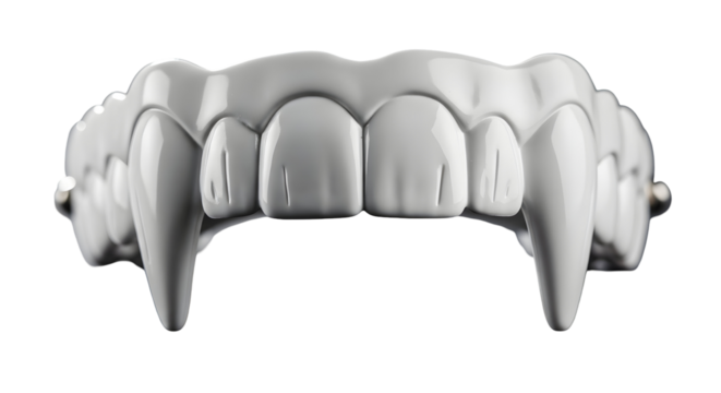 3d icon of closeup of a set of vampire fangs, isolated on transparent background, perfect for halloween or costume party