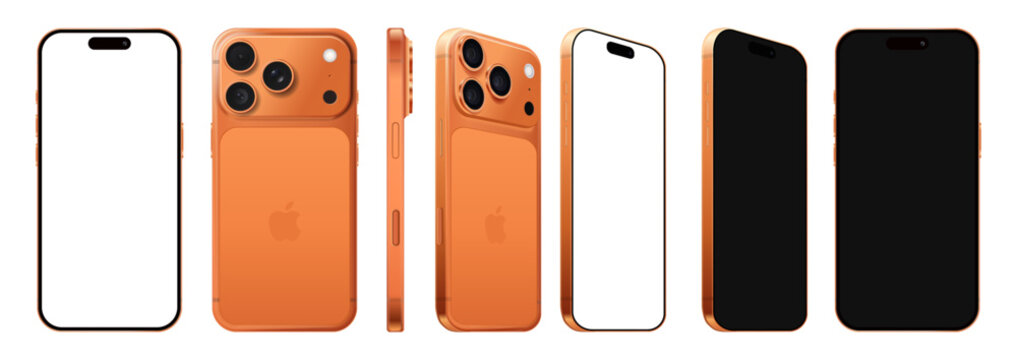Set of Smart phone Apple iPhone 17 Pro Max in different sides, in official Cosmic Orange