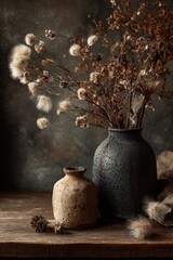 Wabi-Sabi Harmony - Earthy Vases and Dried Botanicals in Soft Light.
