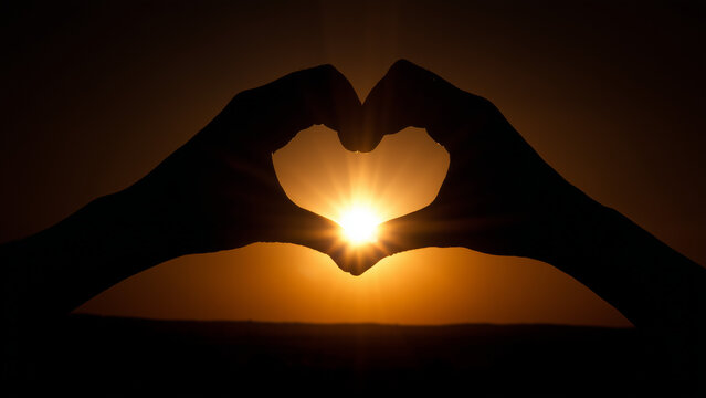a heart shape made by two hands against the backdrop of a sunset.
