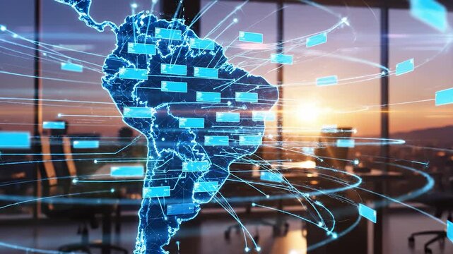 A modern office showcases a glowing map of South America, illuminated by the setting sun through large windows. This office setting emphasizes technology, connectivity, and innovat
