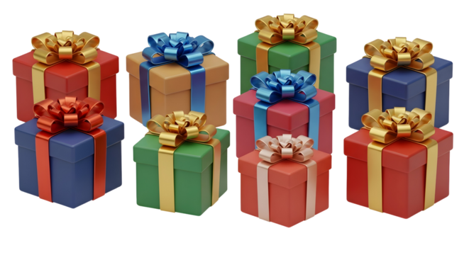 3d icon of group of colorful gift boxes with ribbons and bows isolated on transparent background, perfect for any occasion