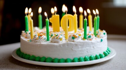 A delightful birthday cake is beautifully adorned with colorful decorations, featuring ten green candles set to celebrate a special tenth birthday. The festive scene captures joy and togetherness