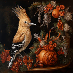 African Hoopoe Christmas Illustration. Festive Botanical Holiday Art with Warm Orange Accents.