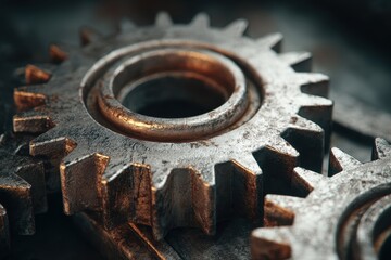 Weathered, rusty industrial gears macro, intricate metal teeth, mechanical complexity.