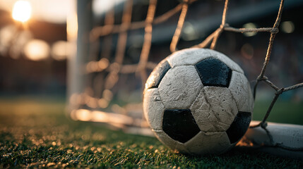 Close-up of a worn soccer ball hitting the net on a grassy field during sunset with warm sunlight and blurred background elements creating a dramatic sports moment