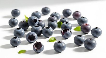 Fresh ripe blueberries scattered on a white surface with green leaves