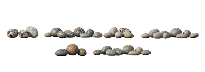 Smooth River Rocks and Pebbles Collection Isolated on White Background