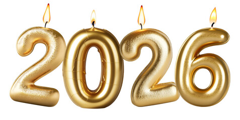 Happy New Year 2026 number candles isolated on transparent background.