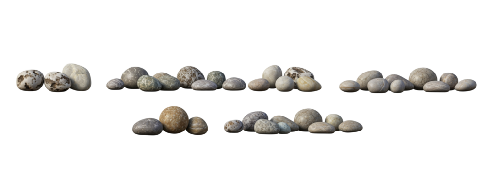 Smooth River Rocks and Pebbles Collection Isolated on White Background