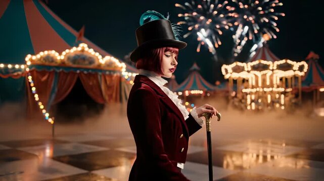 Woman ringmaster stands at circus wearing tophat with cane near tent. Female performer at circus with tophat poses. Ringmaster woman holds cane at carnival. Circus performer in velvet coat at night.