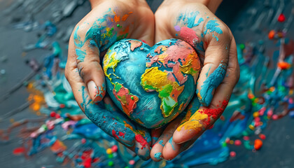 Hands holding a heart shaped earth painted with vibrant colors against a blurred background