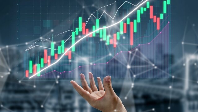 A hand reaches out towards a digital financial chart showcasing a rising trend, representing investment opportunities and market analysis in a modern technology setting. Copula