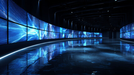 Cyber space hallway with neon technology lights