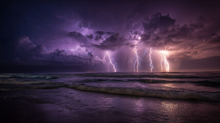 Electric thunder lightning clouds over dark sea