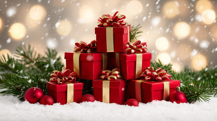 Fototapeta premium Festive wrapped gift boxes with sparkling background