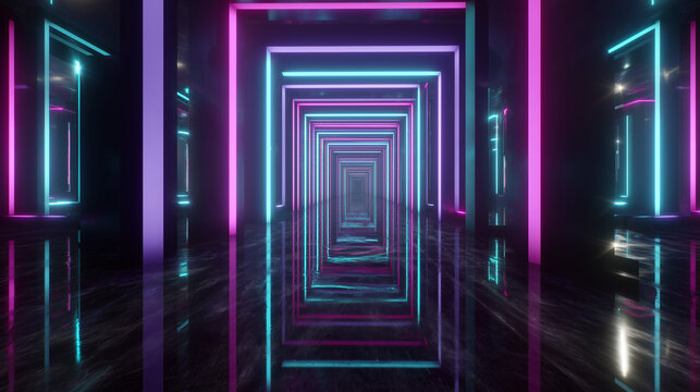 Digital neon corridor futuristic perspective - Powered by Adobe