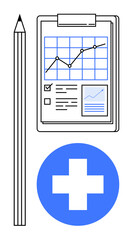 Obraz premium Pencil, clipboard with healthcare statistics, action checklist, and blue cross symbol. Ideal for medical planning, healthcare data, analysis, patient care, reports checklists and medical progress