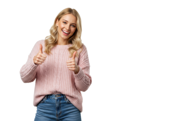 young caucasian woman in a pastel pink cable-knit sweater, smiling radiantly, giving enthusiastic thumbs-up gestures pointing to transparent copy space. concept of confident advertising endorsement