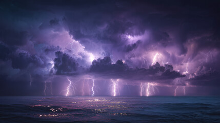 Lightning storm striking over ocean dramatic sky