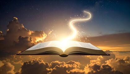 An open book floats in the sky, emitting bright light and a swirling path among clouds