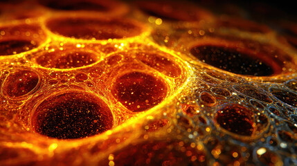Glowing abstract orange and yellow bubbles or cells with a fiery appearance and intricate web-like patterns in a dark environment creating a sense of depth and complexity