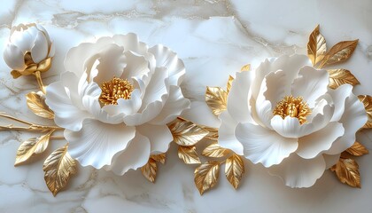 White and gold peonies in 3D emboss style, arranged on ivory marble background