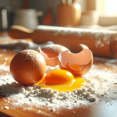 Nudelholz,Mehl und Eier in der Nähe deuten auf eine gemütliche, rustikale Backatmosphäre am Fenster hin.